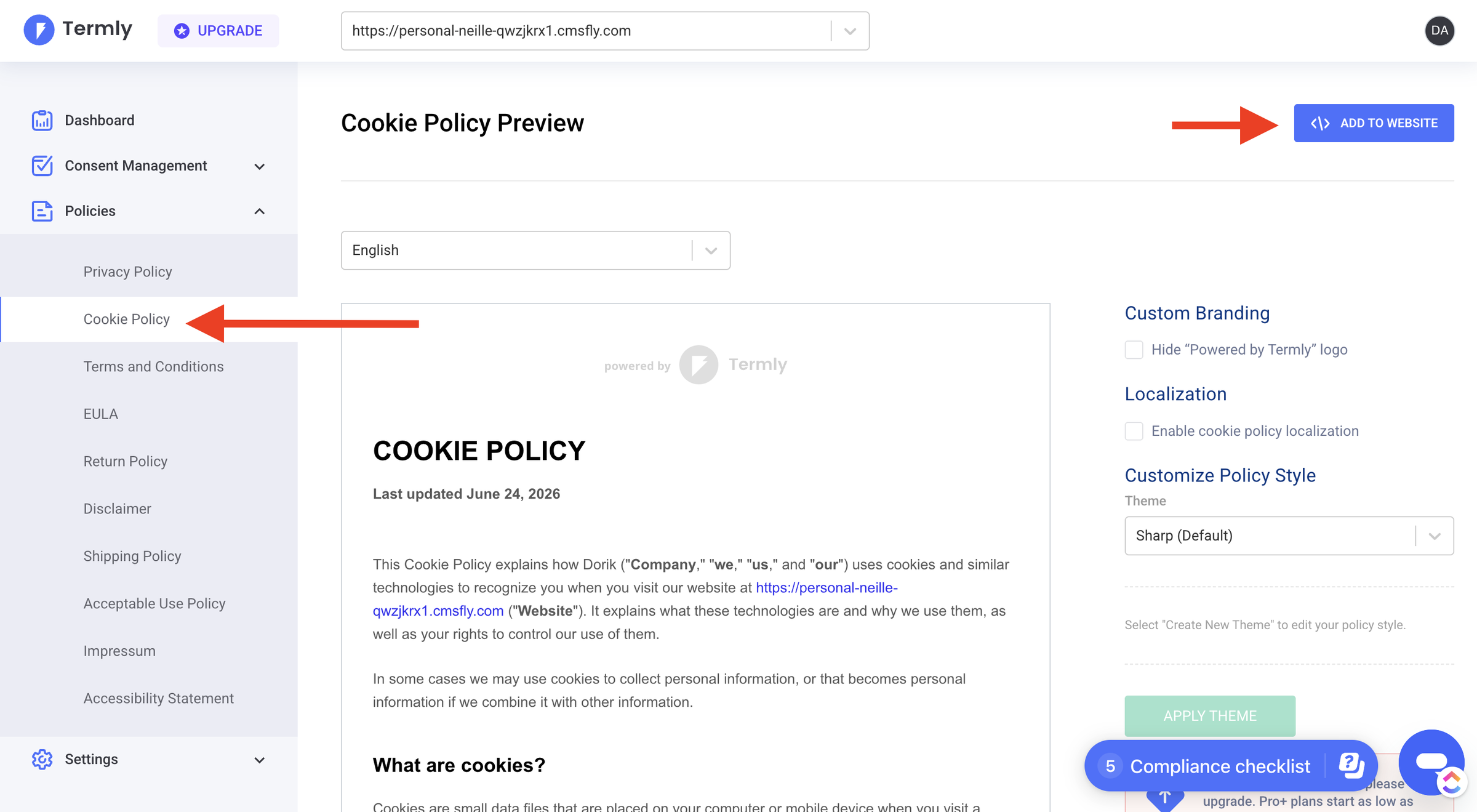 Generate and add your cookie policy to your website with the provided embed code