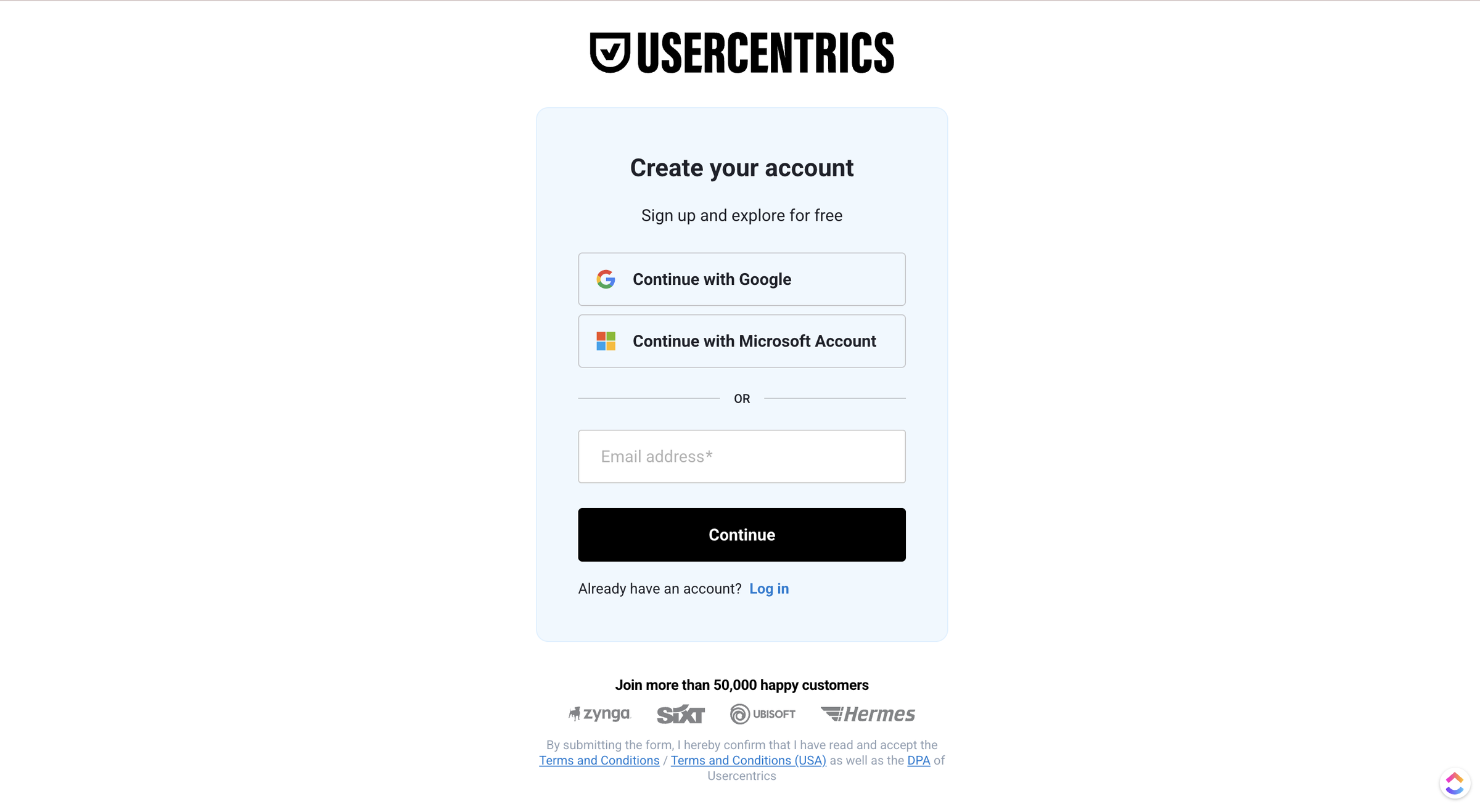 Create a Usercentrics account using Google, Microsoft, or email signup options