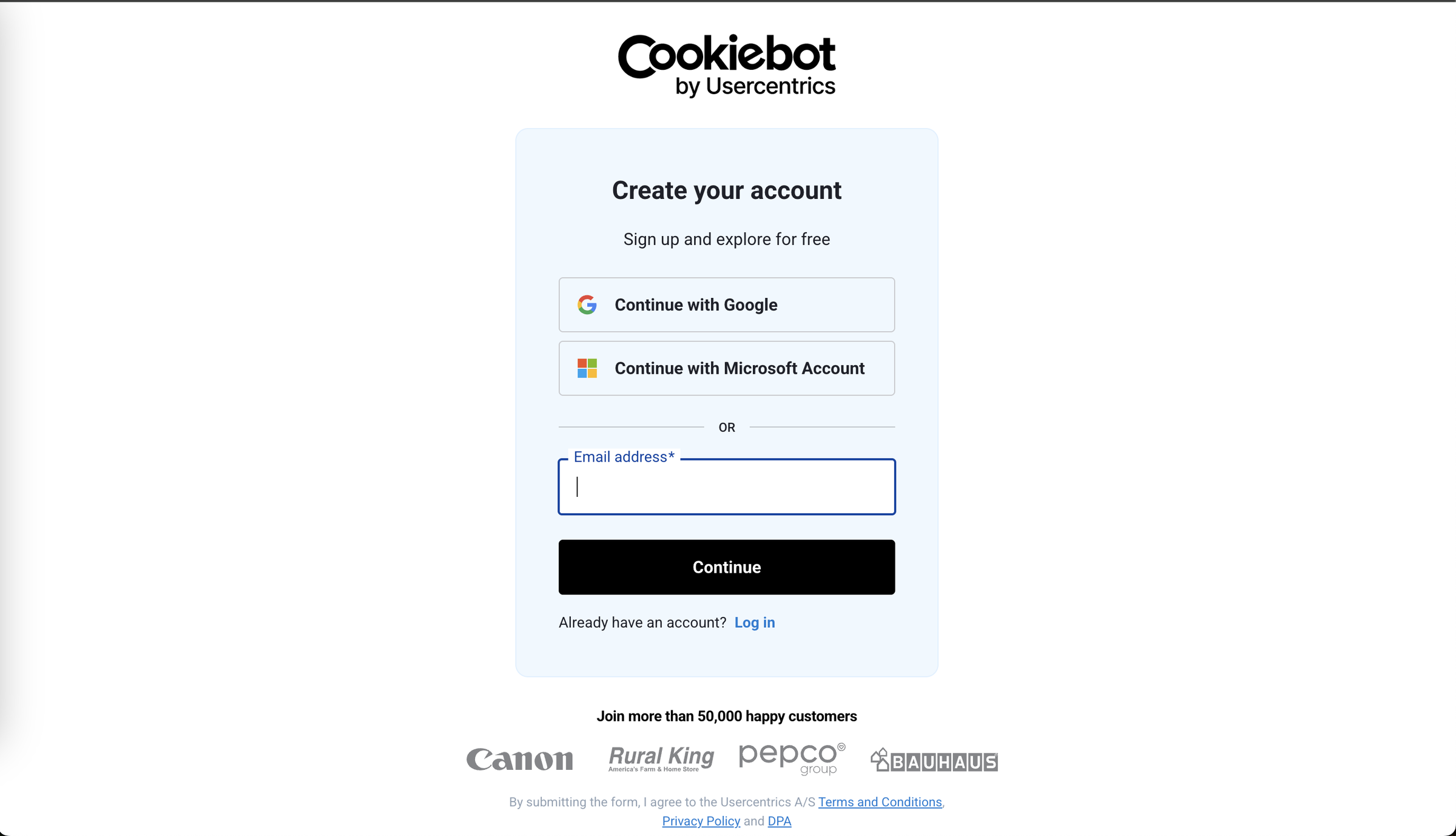 Signup in Cookiebot
