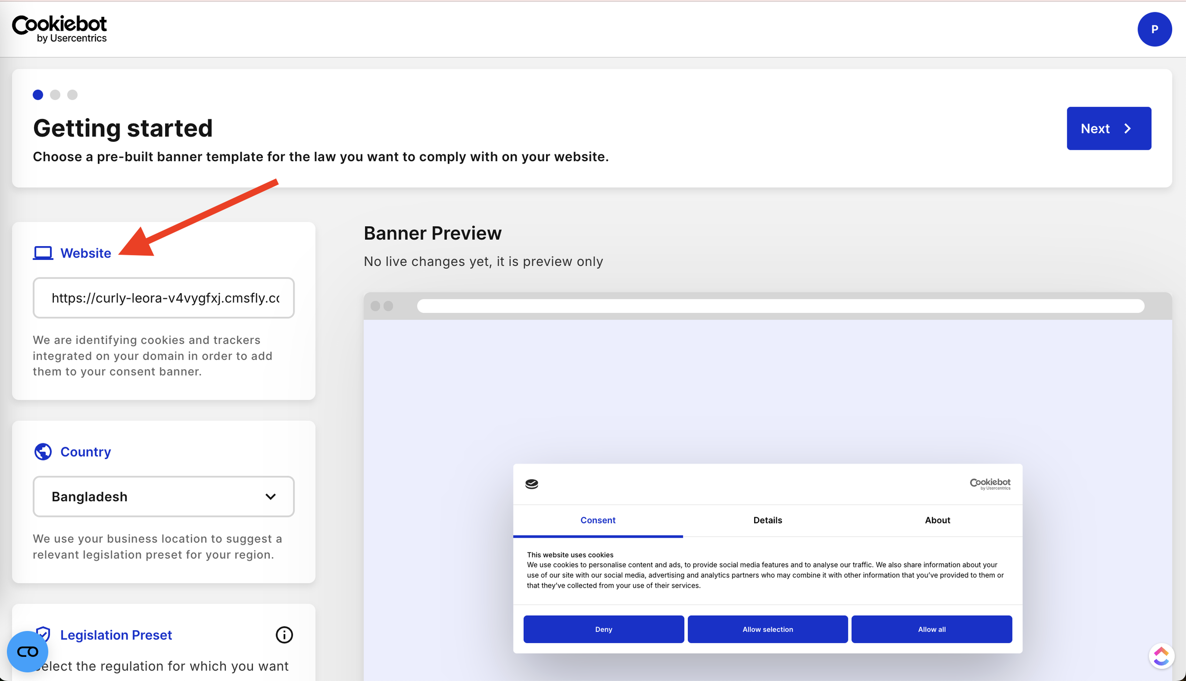 Add website domain on Cookiebot