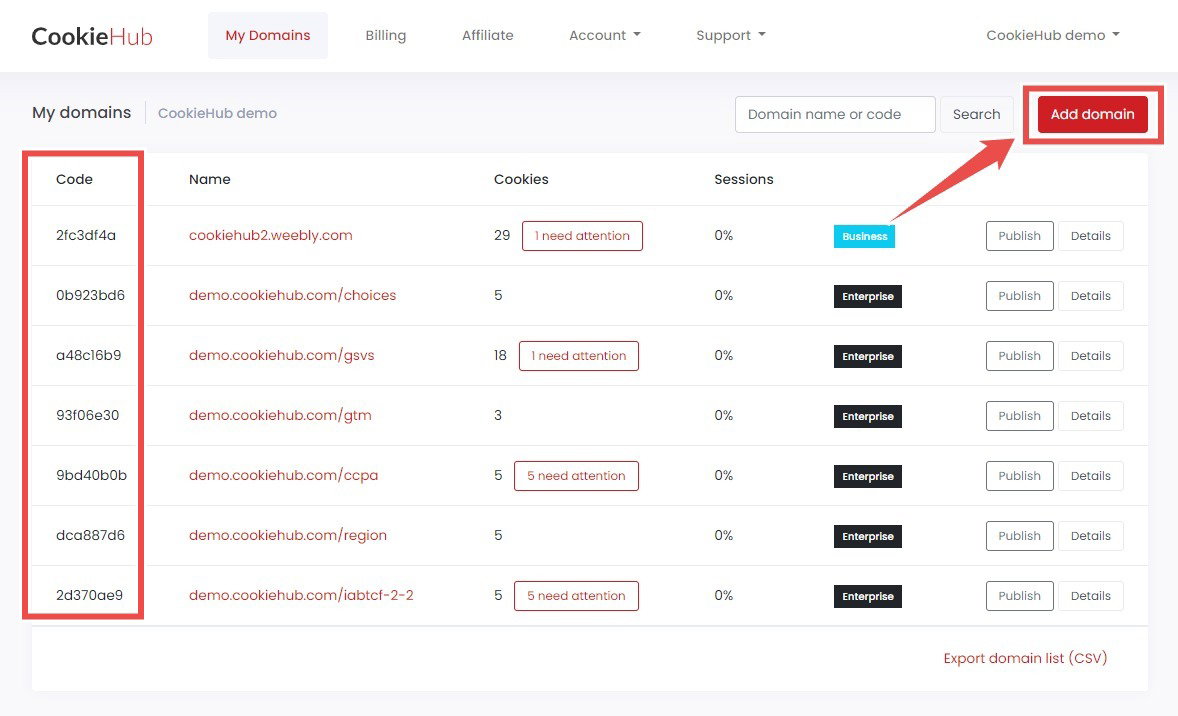 CookieHub add domain and copy code