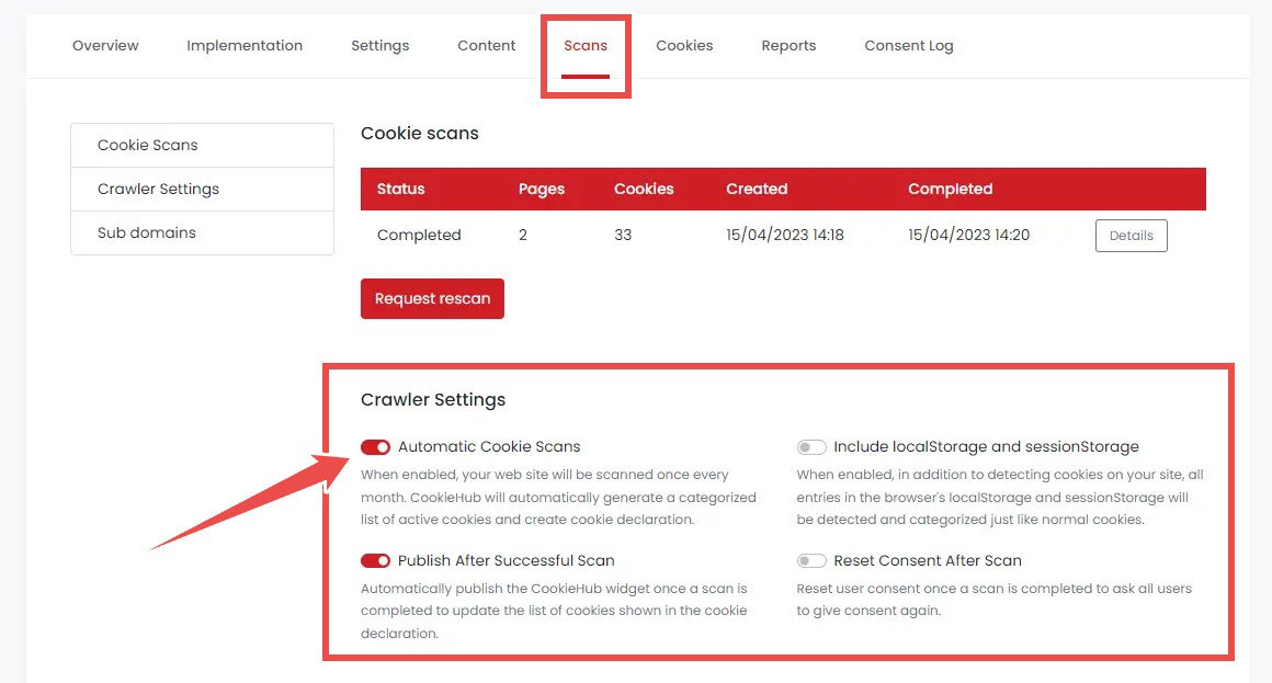 CookieHub Enable Scanning
