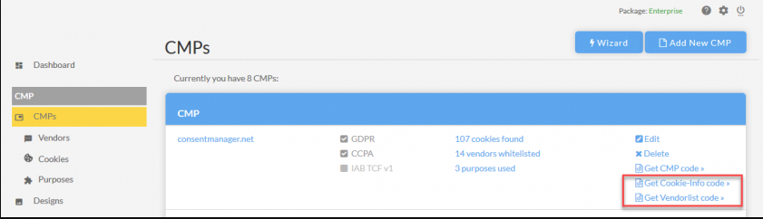 Consentmanager CMP dashboard showing existing CMPs with options to generate installation code.