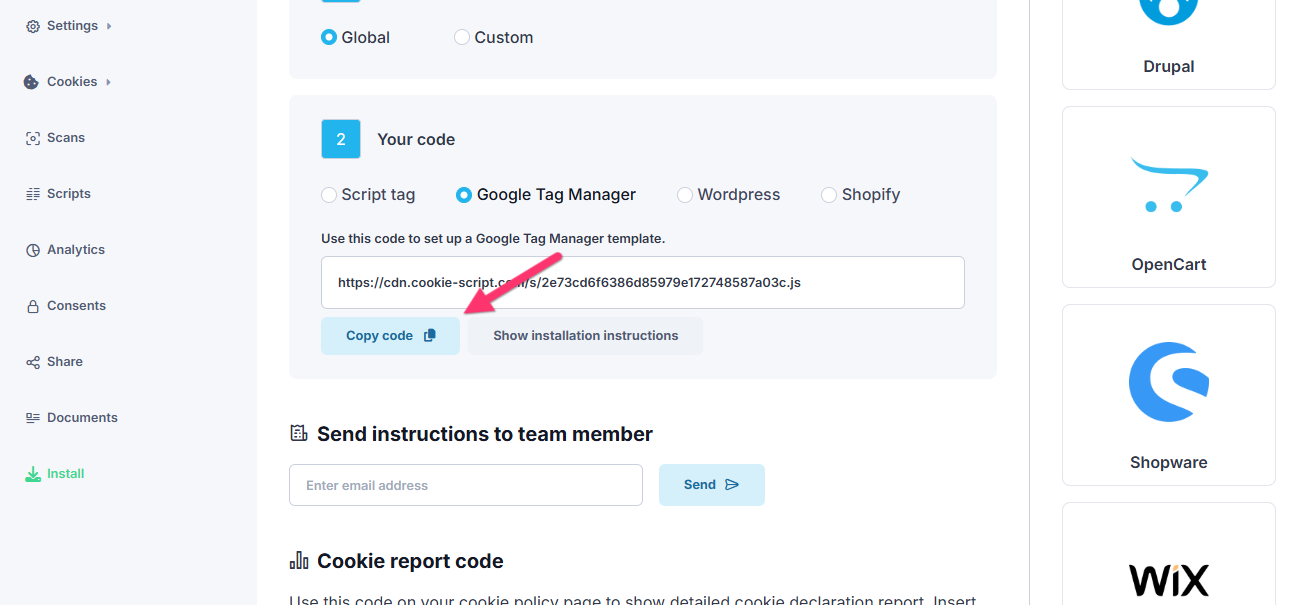 CookieScript installation page showing the generated banner code with the Copy Code button highlighted.