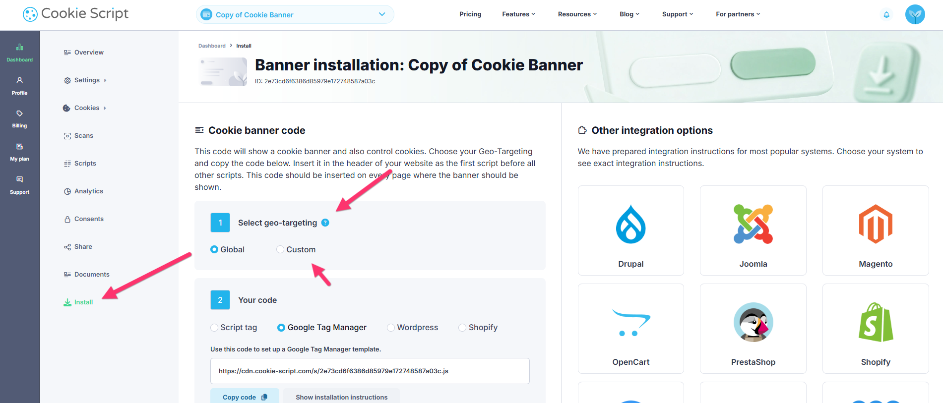 CookieScript installation page with geo-targeting options and banner integration methods for website setup.