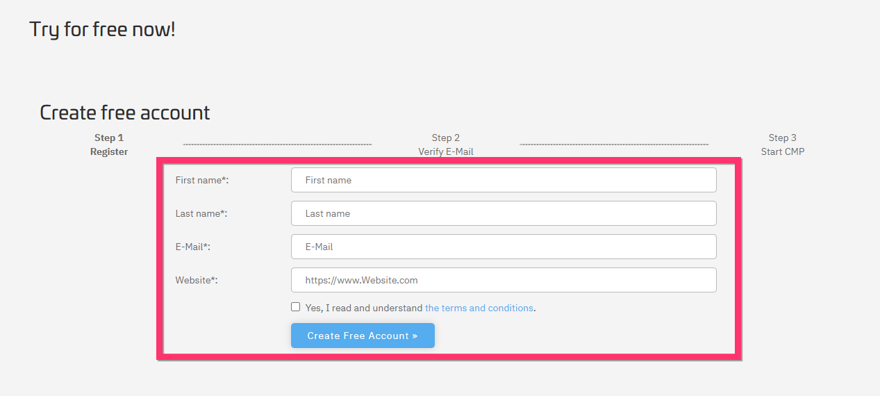 Consentmanager account registration page with free account form for creating a new CMP account.