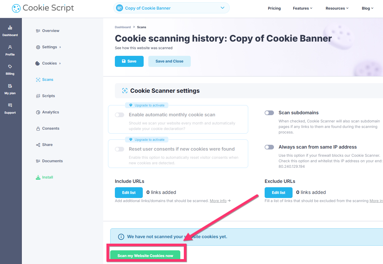 CookieScript cookie scanner settings page with the Scan My Website Cookies Now button highlighted.