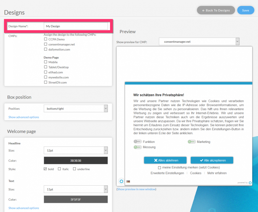 Consentmanager banner design editor with live preview and customization settings for cookie banners.