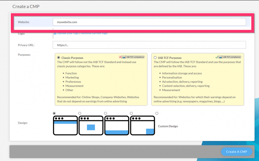 Consentmanager Create CMP page with website URL field, compliance options, and banner layout selection.