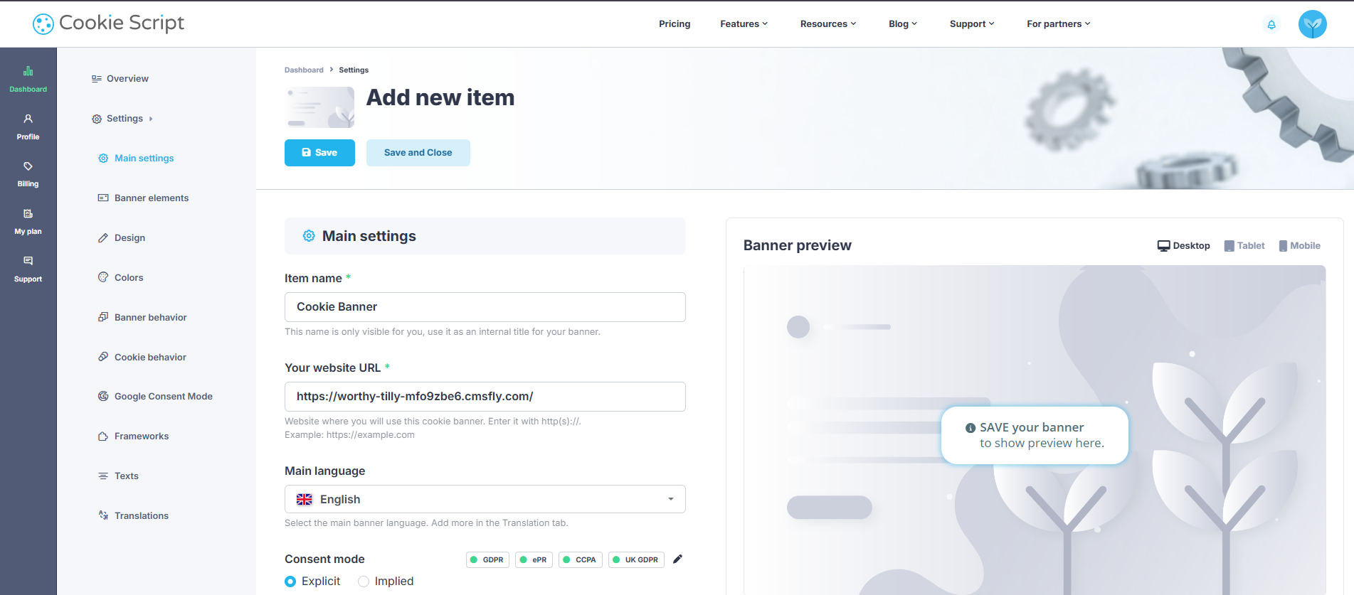 CookieScript dashboard showing cookie banner settings with banner preview and website configuration options.