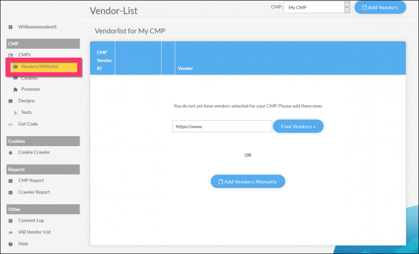 Consentmanager vendor management page for adding and assigning cookie vendors to a CMP.
