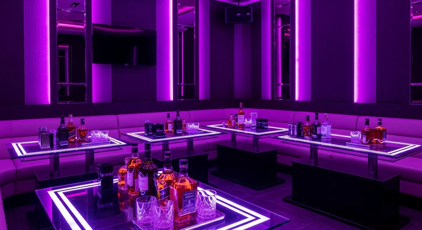 송파 가라오케 프리미엄 단체룸 인테리어, 보라색 네온 조명과 위스키 테이블이 있는 고급 분위기의 가라오케 공간