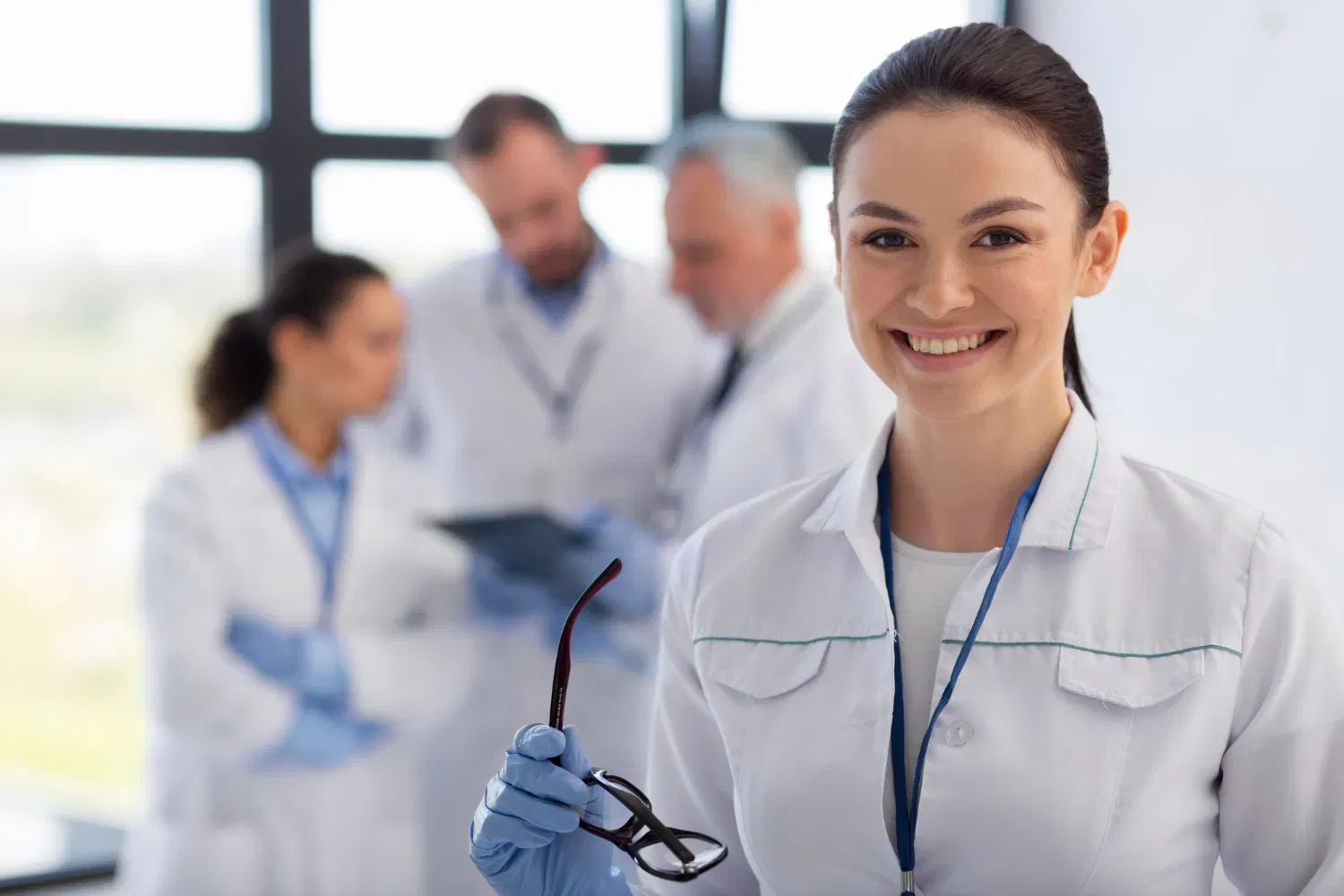 Portrait d'une professionnelle de santé avec son équipe en arrière-plan pour illustrer nos formations médicales certifiées