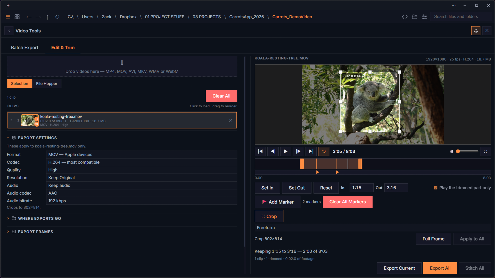 Carrots video trimming and GIF export tools