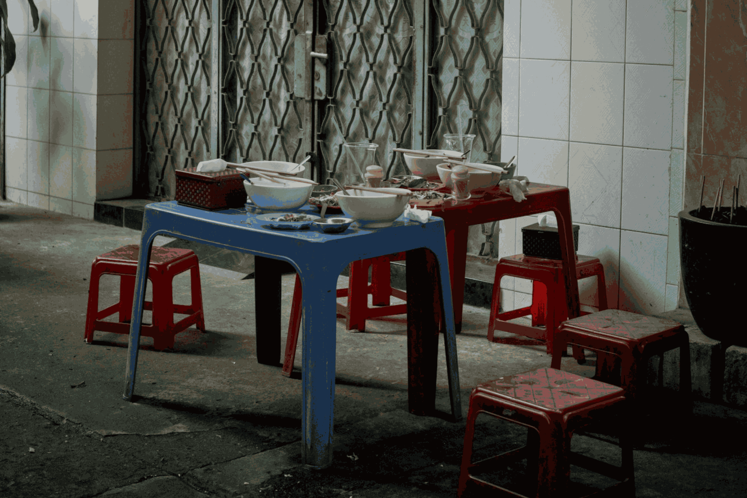 plasti table and stools from a street food stand
