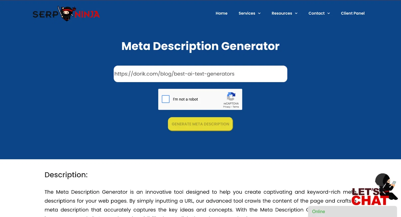 SERP Ninja meta description generator
