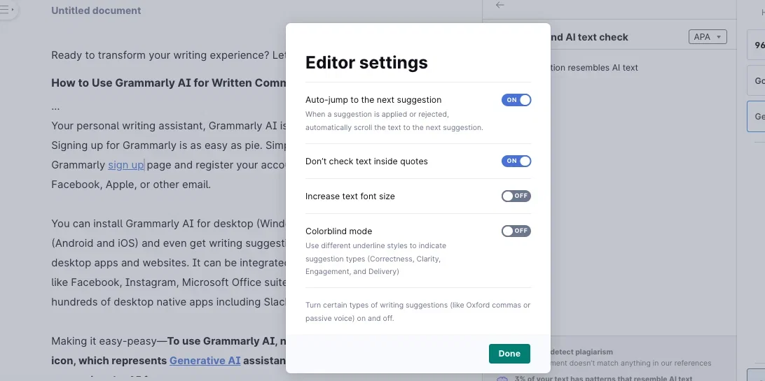 Grammarly editorial settings