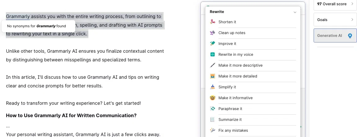 Rewrite Content in Grammarly AI