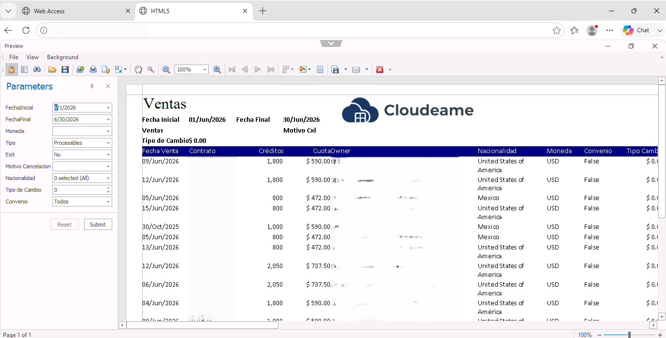 Pantalla de reportes empresariales generados desde la aplicación en la nube