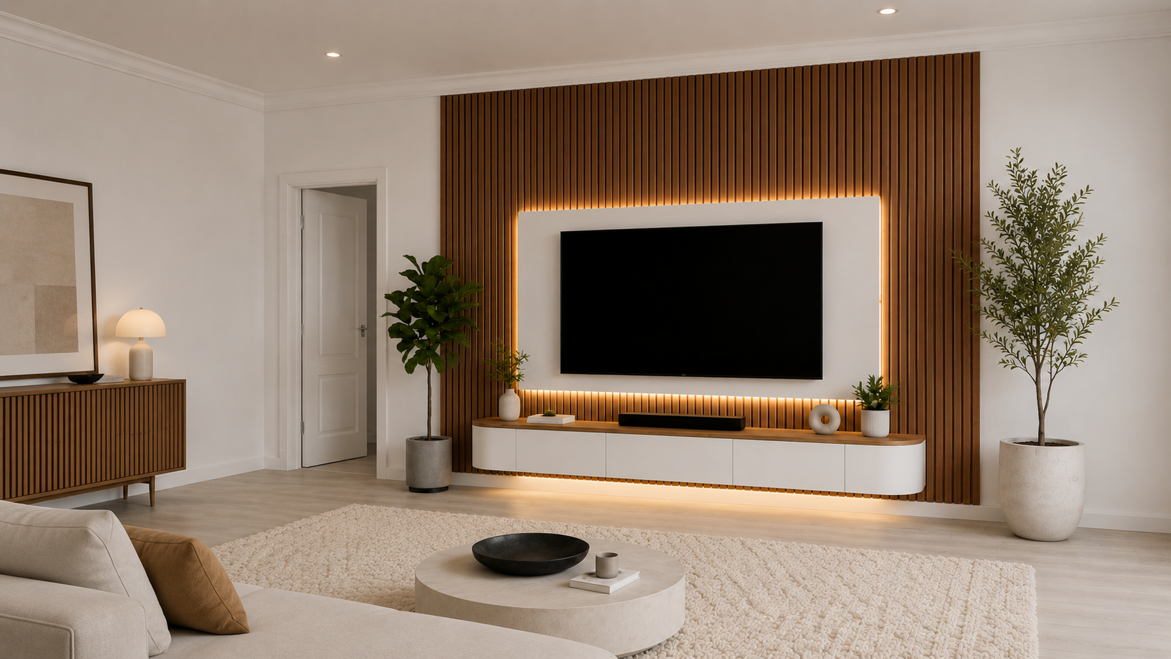 Luxury media wall with wood slat panels, floating console and warm LED backlighting in an Orange County living room