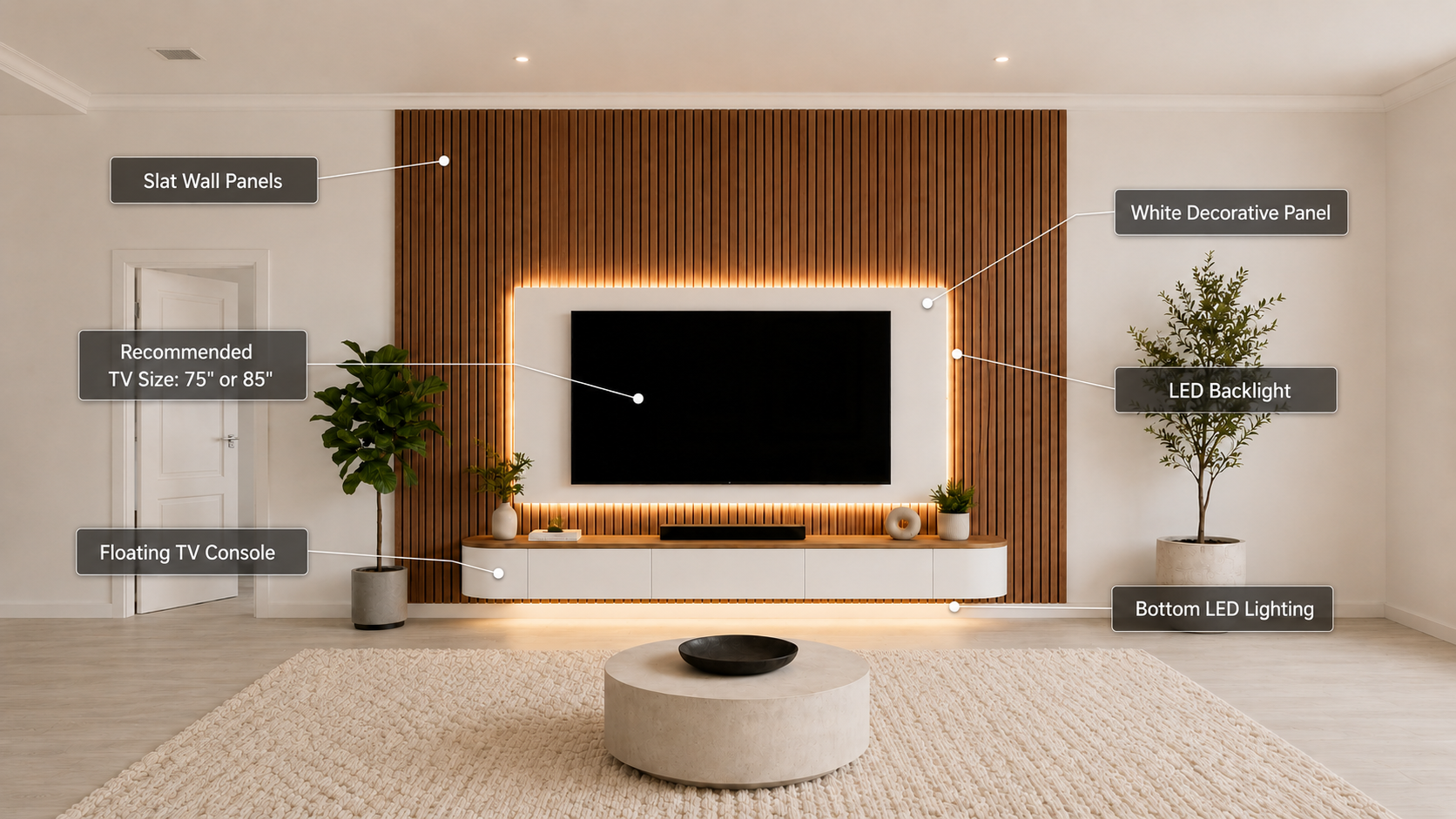 Luxury media wall components — slat wall panels, white decorative panel, LED backlight, floating TV console, bottom LED lighting