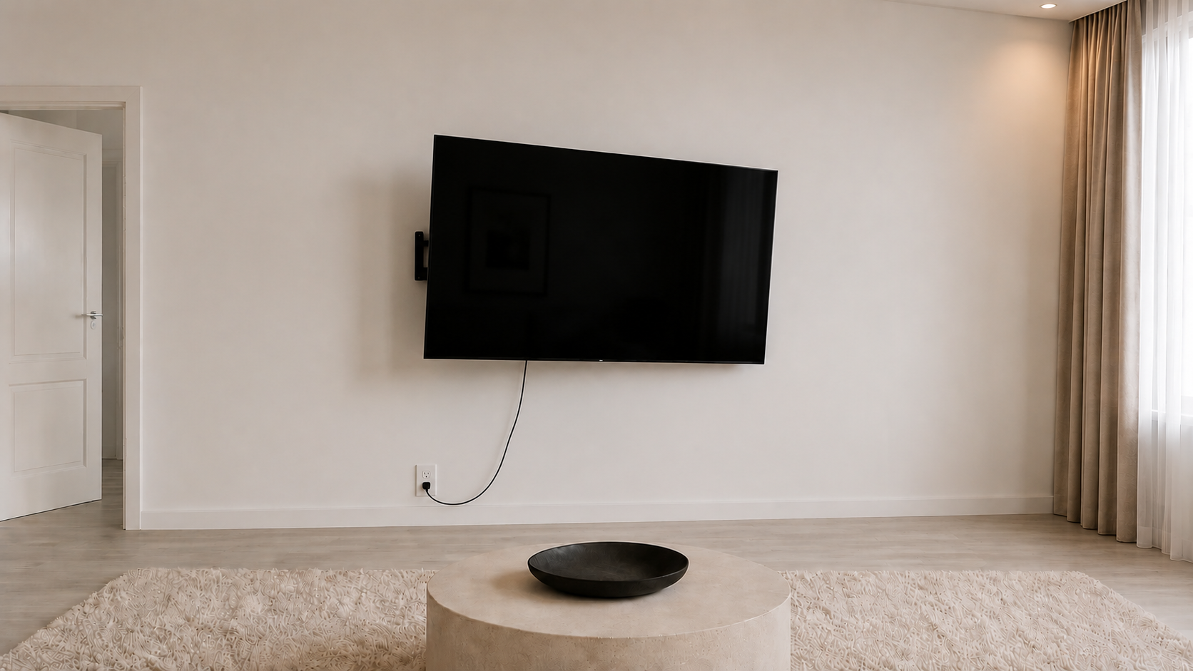 A plain TV mounted on a bare wall