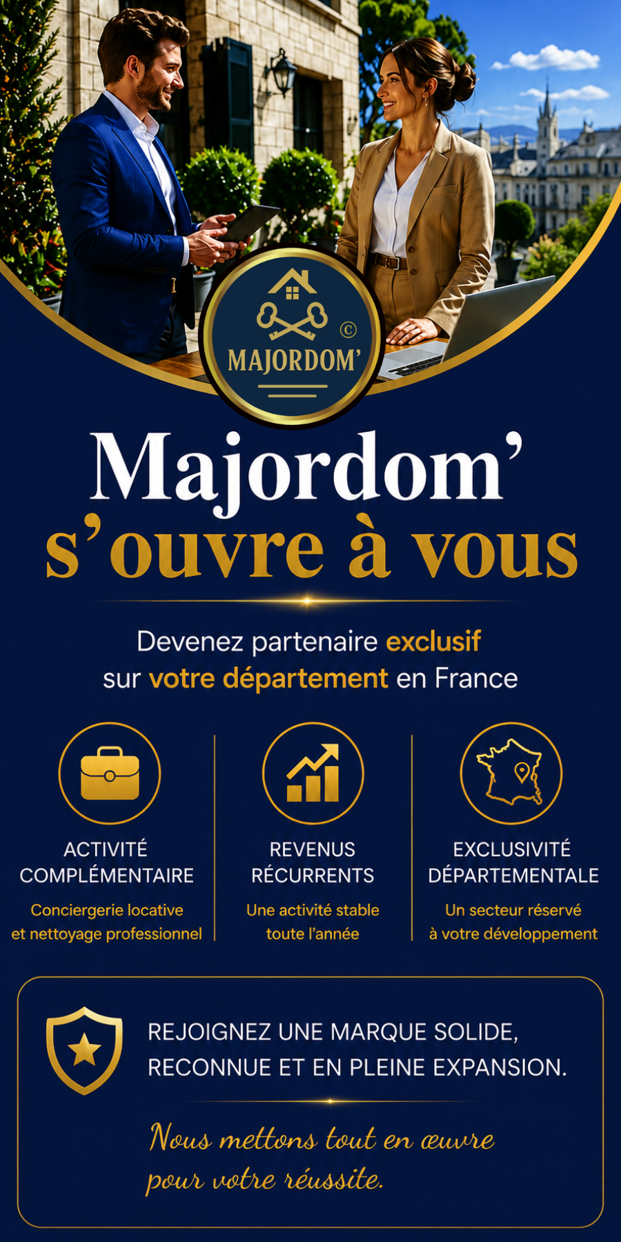 Majordom' propose un partenariat exclusif par département en France pour développer une activité de conciergerie locative et de nettoyage professionnel avec accompagnement et revenus récurrents.