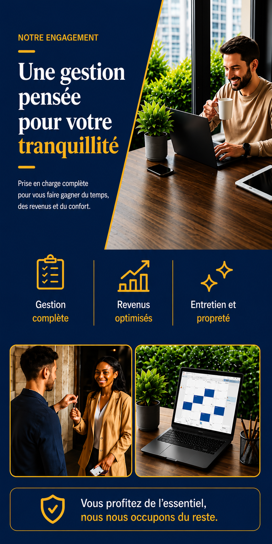 Gestion locative personnalisée avec conciergerie, assistance 7j/7, optimisation des revenus et entretien professionnel des logements par Majordom'.