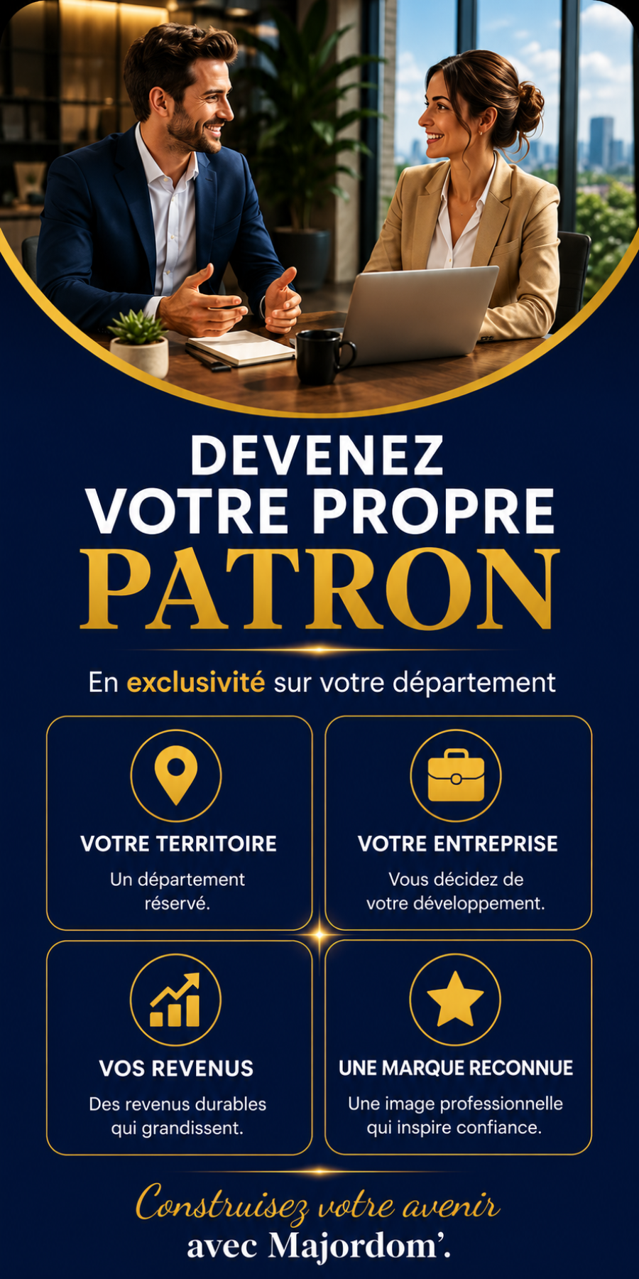 Partenariat Majordom' en France : développez votre propre activité de conciergerie locative et de nettoyage professionnel avec une exclusivité par département. Bénéficiez d'un territoire réservé, d'une marque reconnue, de revenus durables et d'un accompagnement pour développer votre entreprise.