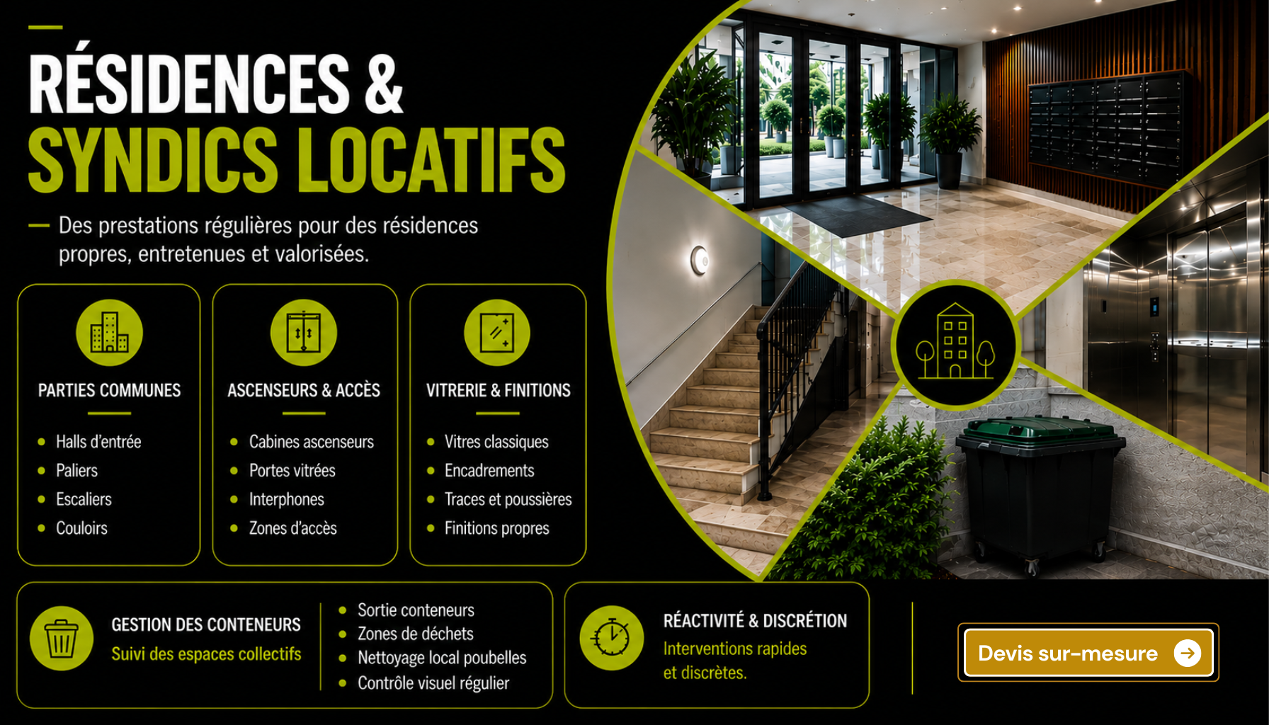 Nettoyage des résidences, copropriétés et syndics locatifs en Gironde par Majordom' : parties communes, ascenseurs, vitrerie et espaces collectifs.