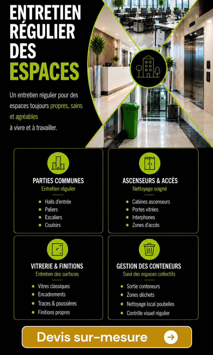 Entretien régulier de bureaux, espaces d'accueil et locaux professionnels en Gironde par Majordom' : nettoyage, désinfection et maintenance des espaces de travail.