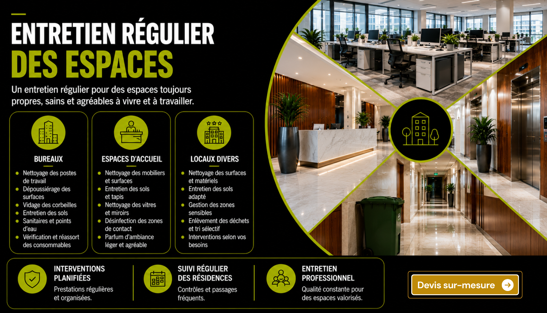 Entretien régulier de bureaux, espaces d'accueil et locaux professionnels en Gironde par Majordom' : nettoyage, désinfection et maintenance des espaces de travail.