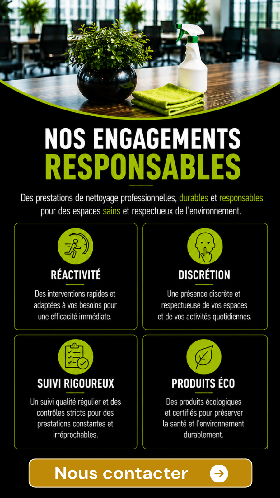 Nettoyage professionnel responsable en Gironde : réactivité, discrétion, contrôle qualité et entretien durable des bureaux, résidences et locaux professionnels par Majordom'.