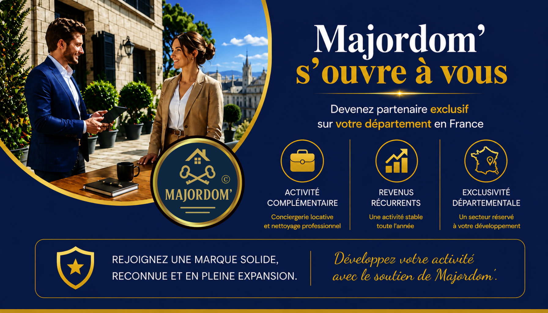 Majordom' propose un partenariat exclusif par département en France pour développer une activité de conciergerie locative et de nettoyage professionnel avec accompagnement et revenus récurrents.
