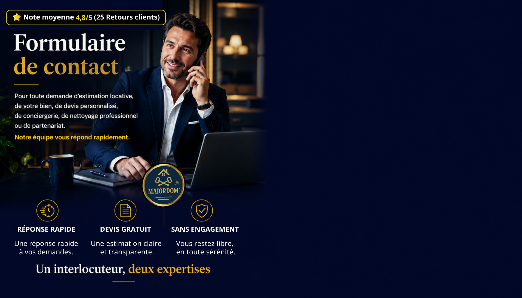 Formulaire de contact Majordom’ pour la conciergerie, le nettoyage professionnel et le partenariat