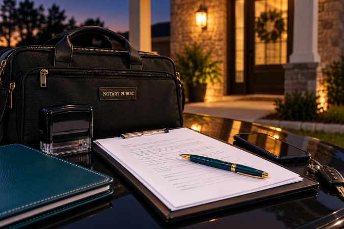After-hours mobile notary supplies prepared for an evening appointment in East Texas