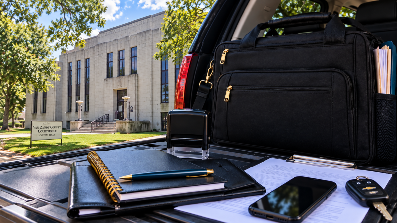 Mobile notary supplies with the Van Zandt County Courthouse in Canton, Texas in the background