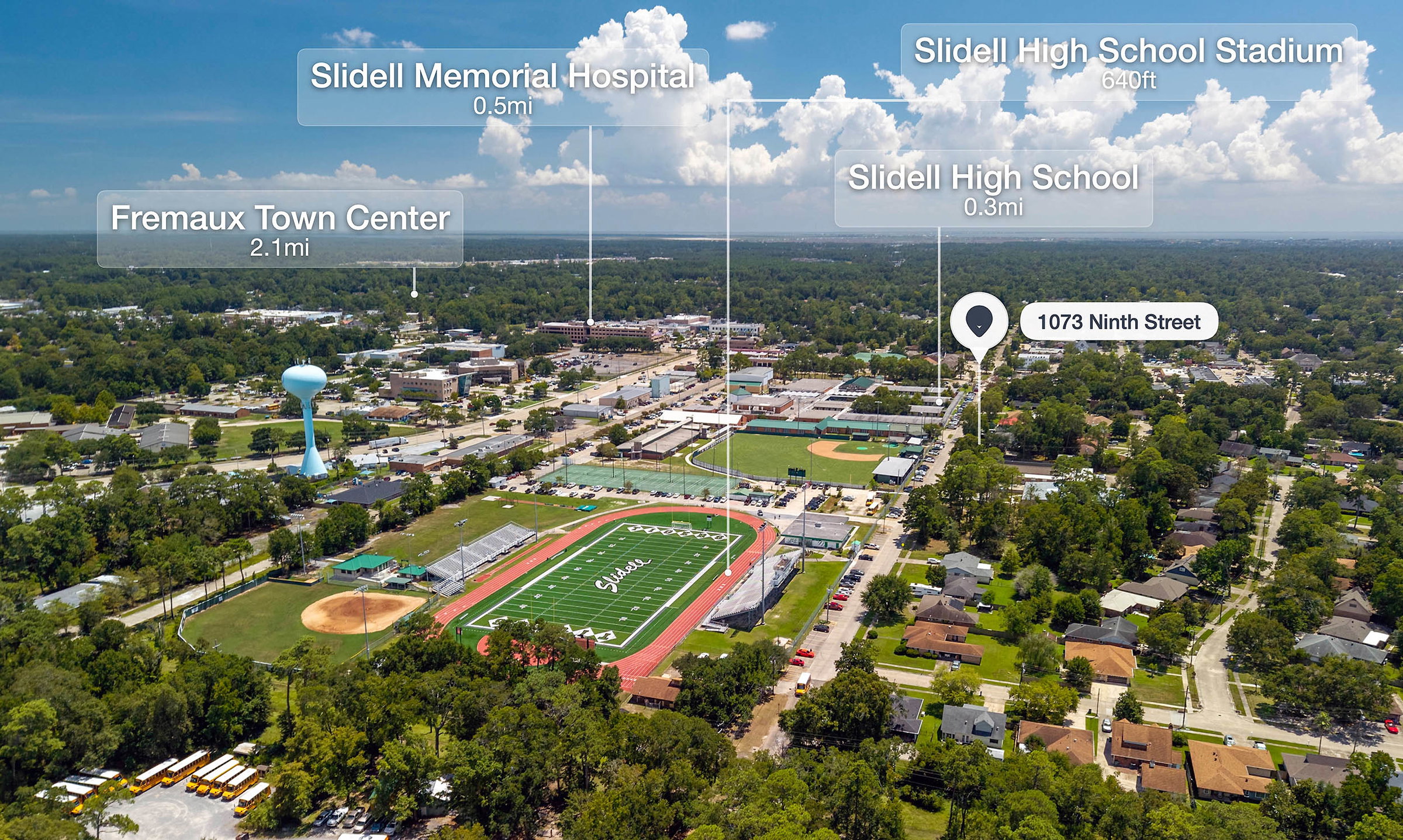 Drone photos with points of interest (POIs) identifying nearby attractions, amenities, schools, parks, shopping, restaurants, and surrounding area.