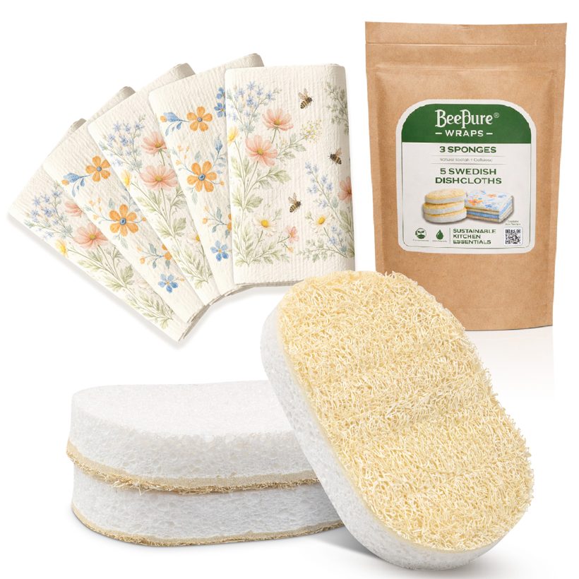 BeePure Eco Kitchen Cleaning Set — five Swedish dishcloths and three dual-sided loofah sponges with kraft packaging