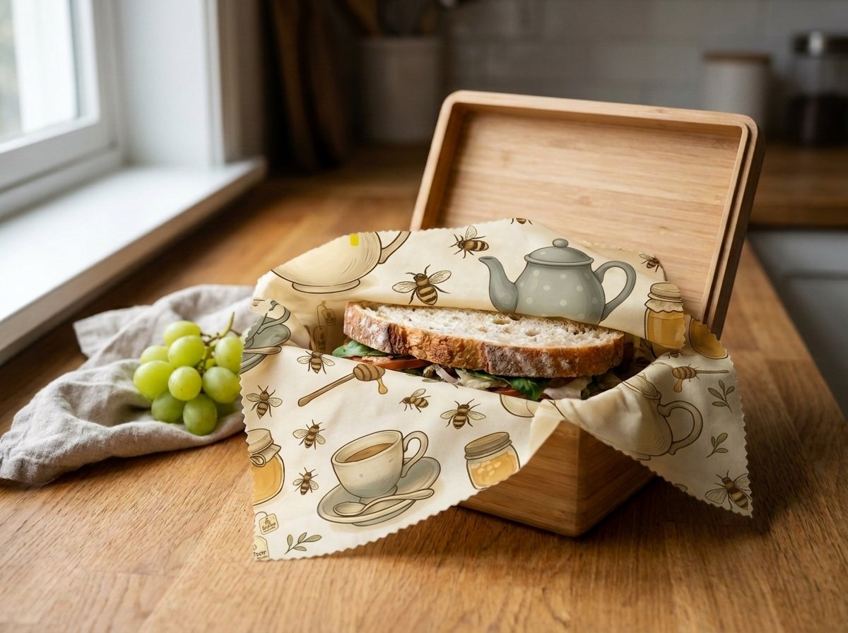 BeePure Bees & Tea beeswax wrap with a packed sandwich