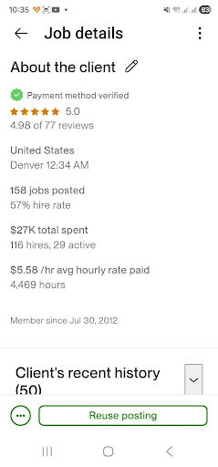 Real Upwork client-profile screenshot showing jobs posted, hires, hourly rate, and tracked hours.