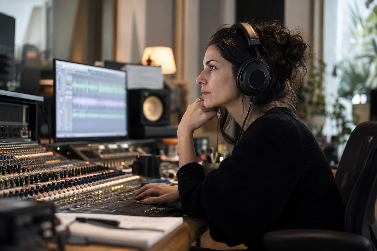 Une professionnelle du son dans un studio de postproduction